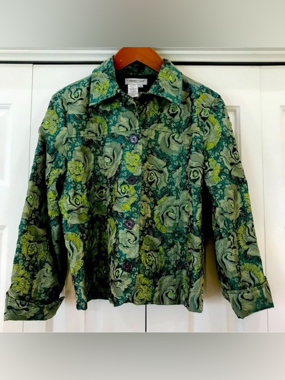 Coldwater Creek Vintage Green Floral Brocade Blazer with Green Sequins Large